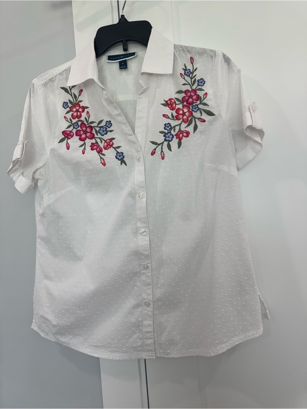 Karen Scott Women’s Embroidered Floral Button-Front white polka dot Shirt Top S